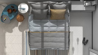 Tamamlanmamış projenin renkli modern yatak odası en iyi görmek, mimar