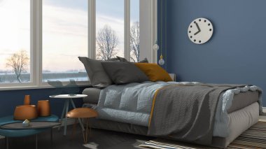 Büyük panoramik pencere, gün batımı, s ile renkli modern mavi yatak odası