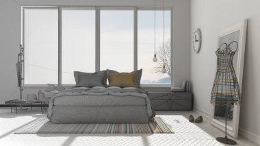 Tamamlanmamış proje büyük panoramik pencereli modern yatak odası, 