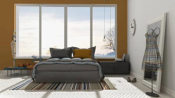 彩色的现代白色和橙色卧室与大全景窗 — 图库照片