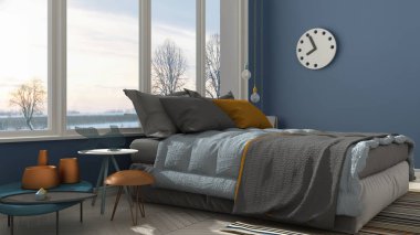 Büyük panoramik pencere, gün batımı, s ile renkli modern mavi yatak odası