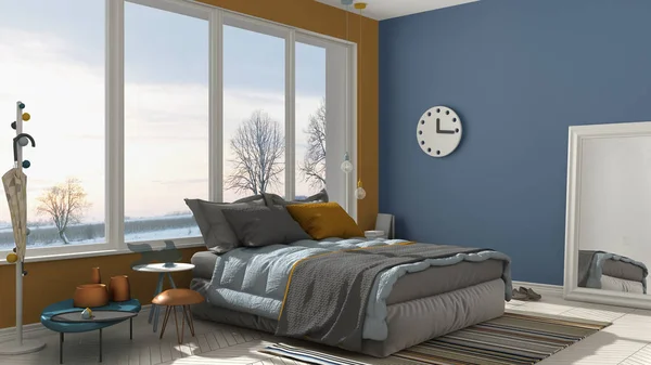 Gekleurde moderne blauwe en gele slaapkamer met groot panoramisch venster — Stockfoto