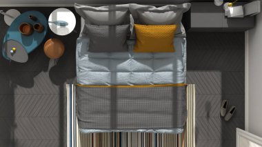 Modern yatak odası en iyi görünüm, balıksırtı parke zemin, renkli kemer