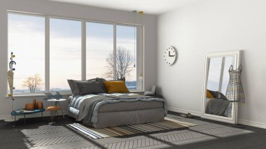 Renkli modern beyaz ve gri yatak odası büyük panoramik pencereli,