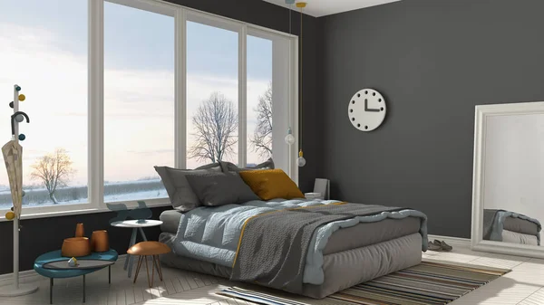Gekleurde moderne witte en grijze slaapkamer met groot panoramisch venster, — Stockfoto
