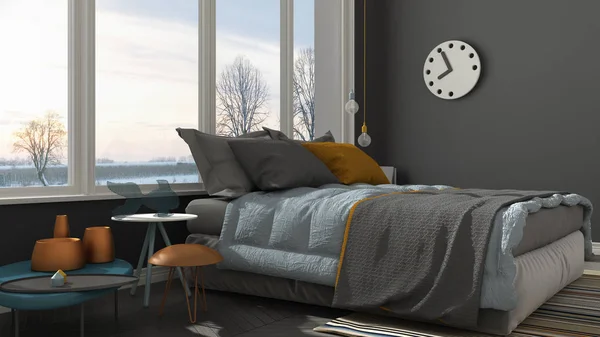 Gekleurde moderne grijze slaapkamer met groot panoramisch raam, zonsondergang, s — Stockfoto