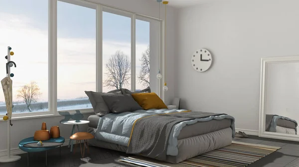 Camera da letto colorata moderna bianca e grigia con grande finestra panoramica , — Foto Stock