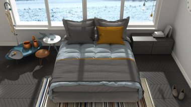 Renkli modern beyaz ve gri yatak odası büyük panoramik pencereli,