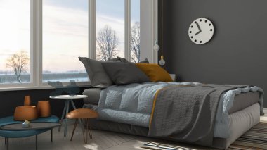 Renkli modern beyaz ve gri yatak odası büyük panoramik pencereli,