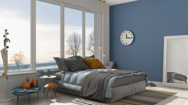 Renkli modern beyaz ve mavi yatak odası büyük panoramik pencereli,