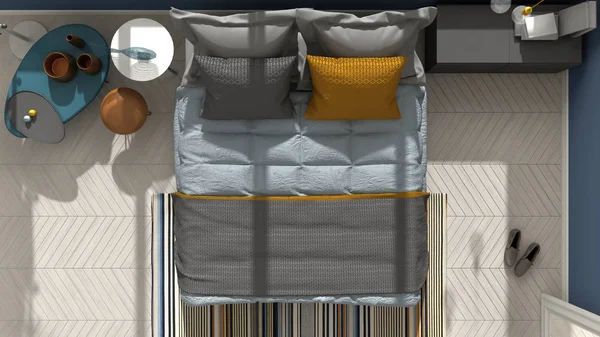 Colored modern bedroom top view, herringbone parquet floor, arch — Stock Photo, Image