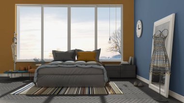 Renkli modern mavi ve turuncu yatak odası büyük panoramik pencereli