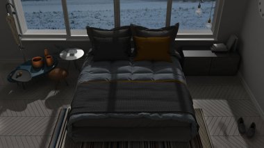 Modern yatak odası en iyi görünüm, balıksırtı parke zemin, renkli kemer