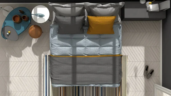 Modern yatak odası en iyi görünüm, balıksırtı parke zemin, renkli kemer