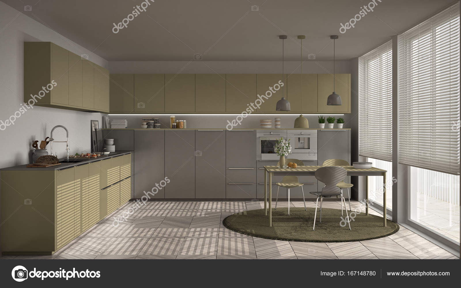 Cozinha Moderna Com Mesa E Cadeiras Janelas Grandes E Herringbon Cozinha Moderna Com Mesa E Cadeiras Janelas Grandes E Herringbon