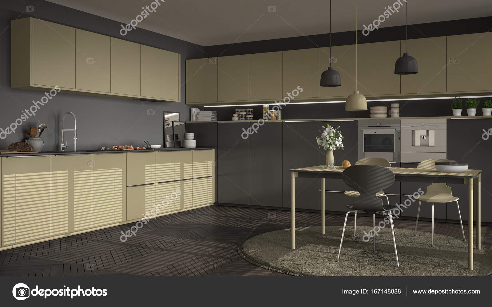 Cozinha Moderna Com Mesa E Cadeiras Janelas Grandes E Herringbon Cozinha Moderna Com Mesa E Cadeiras Janelas Grandes E Herringbon