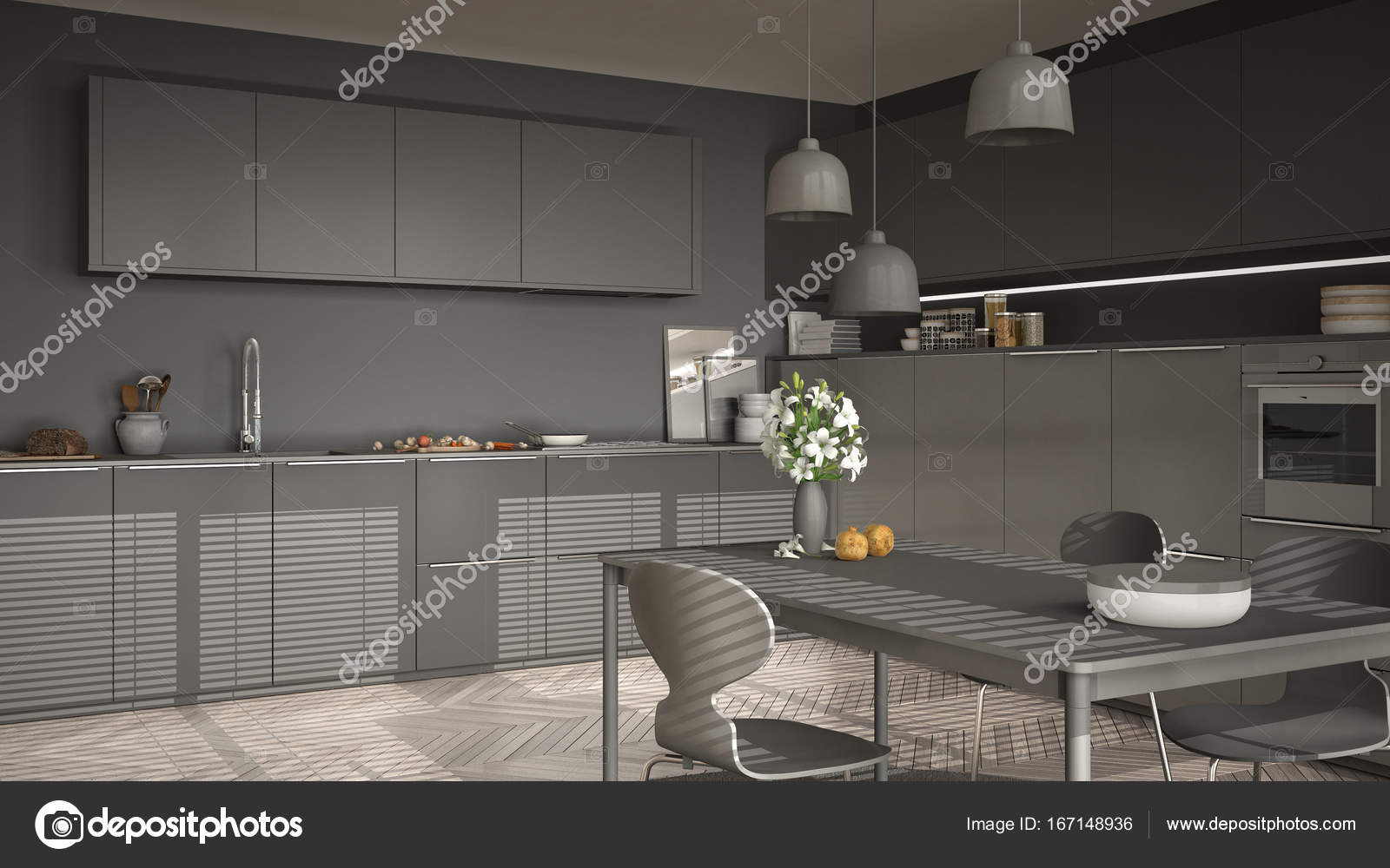 Cozinha Moderna Com Mesa E Cadeiras Janelas Grandes E Herringbon Cozinha Moderna Com Mesa E Cadeiras Janelas Grandes E Herringbon