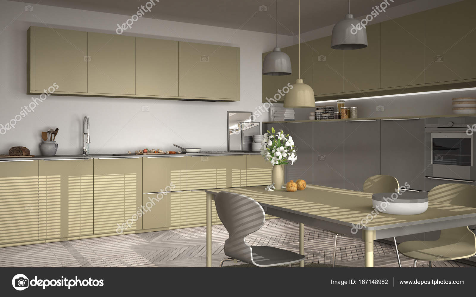 Cozinha Moderna Com Mesa E Cadeiras Janelas Grandes E Herringbon Cozinha Moderna Com Mesa E Cadeiras Janelas Grandes E Herringbon