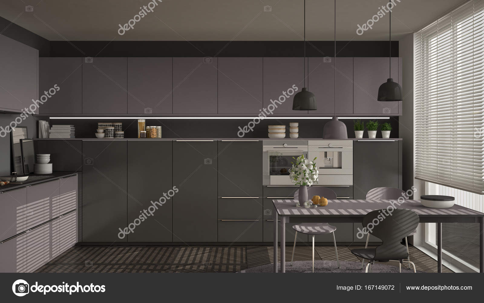Cozinha Moderna Com Mesa E Cadeiras Janelas Grandes E Herringbon Cozinha Moderna Com Mesa E Cadeiras Janelas Grandes E Herringbon