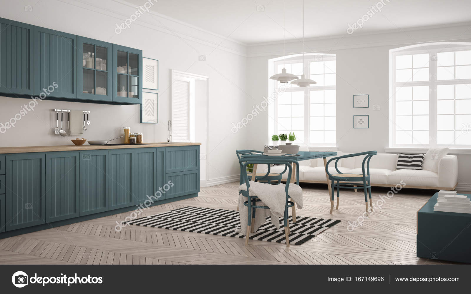 Minimalista modern konyha, étkező asztal és nappali, ame — stock ... Modern konyha nappalival