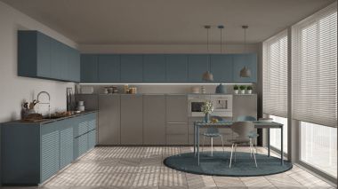 Modern mutfak masa ve sandalye, büyük pencereler ve herringbon