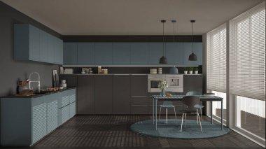 Modern mutfak masa ve sandalye, büyük pencereler ve herringbon