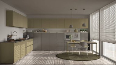 Modern mutfak masa ve sandalye, büyük pencereler ve herringbon