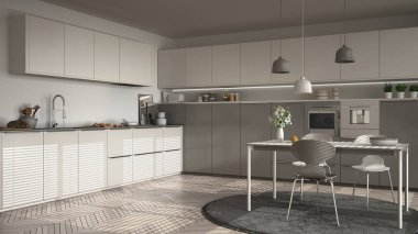 Modern mutfak masa ve sandalye, büyük pencereler ve herringbon