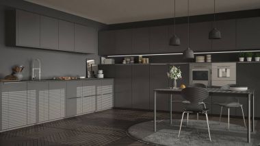 Modern mutfak masa ve sandalye, büyük pencereler ve herringbon