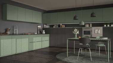 Modern mutfak masa ve sandalye, büyük pencereler ve herringbon