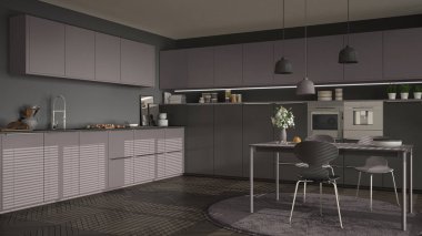 Modern mutfak masa ve sandalye, büyük pencereler ve herringbon