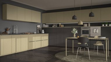 Modern mutfak masa ve sandalye, büyük pencereler ve herringbon