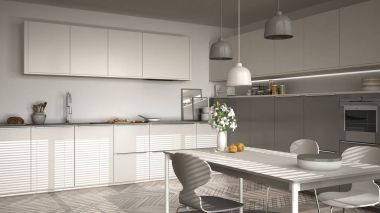 Modern mutfak masa ve sandalye, büyük pencereler ve herringbon