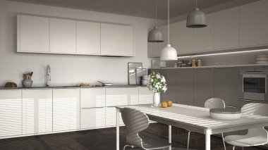 Modern mutfak masa ve sandalye, büyük pencereler ve herringbon