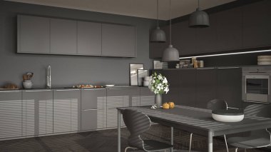 Modern mutfak masa ve sandalye, büyük pencereler ve herringbon