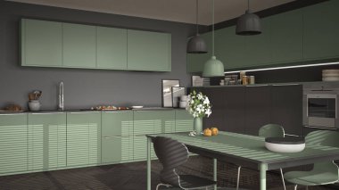 Modern mutfak masa ve sandalye, büyük pencereler ve herringbon