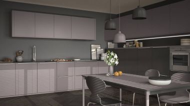 Modern mutfak masa ve sandalye, büyük pencereler ve herringbon