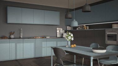 Modern mutfak masa ve sandalye, büyük pencereler ve herringbon