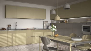 Modern mutfak masa ve sandalye, büyük pencereler ve herringbon