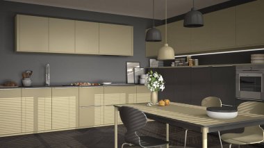 Modern mutfak masa ve sandalye, büyük pencereler ve herringbon