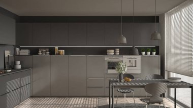 Modern mutfak masa ve sandalye, büyük pencereler ve herringbon