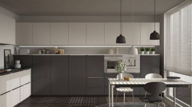 Modern mutfak masa ve sandalye, büyük pencereler ve herringbon