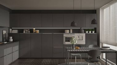 Modern mutfak masa ve sandalye, büyük pencereler ve herringbon