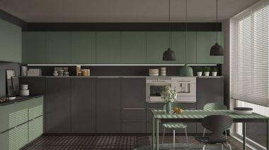 Modern mutfak masa ve sandalye, büyük pencereler ve herringbon