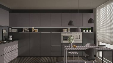 Modern mutfak masa ve sandalye, büyük pencereler ve herringbon