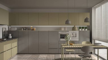 Modern mutfak masa ve sandalye, büyük pencereler ve herringbon