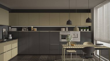 Modern mutfak masa ve sandalye, büyük pencereler ve herringbon