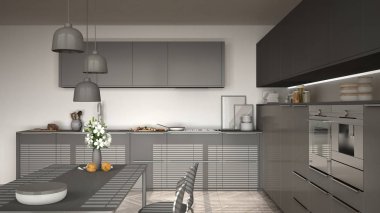 Modern mutfak masa ve sandalyeleri, balıksırtı parke zemin,