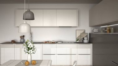 Modern mutfak masa ve sandalyeler, pişirme pan ve gıda, clos