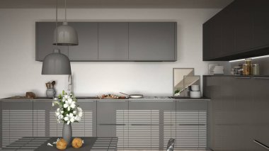 Modern mutfak masa ve sandalyeler, pişirme pan ve gıda, clos